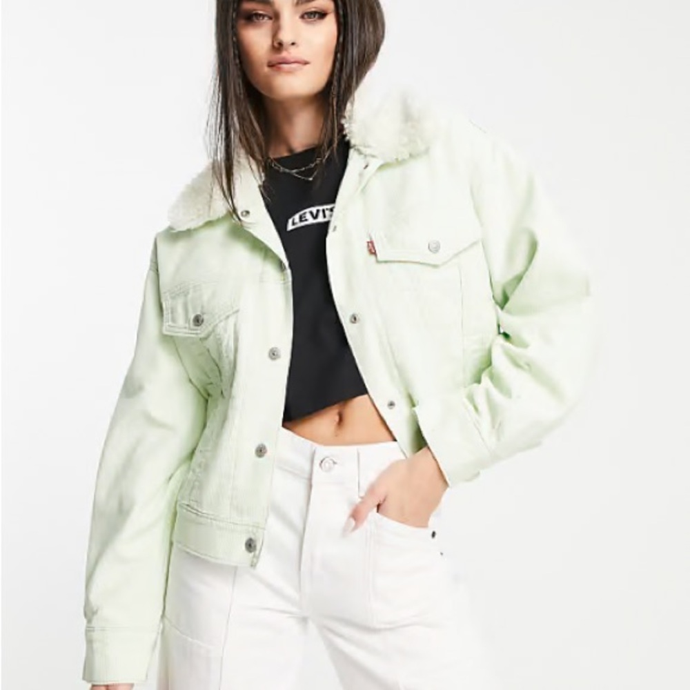 Levi's Mint Green Corduroy Sherpa Collar Cropped Trucker Jacket Grunge Moto XL